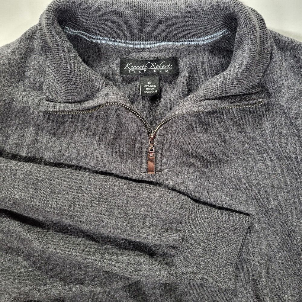 Kenneth Roberts Platinum Men's XL Dark‎ Gray Black 100% Wool 1/4 Zip Sweater